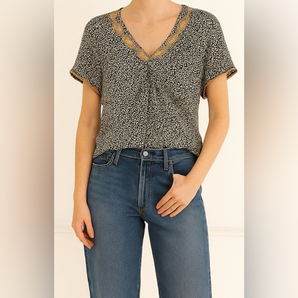 Noa Noa Floral Ditsy Print‎ Peasant Blouse Embroidered Neckline Size XS Boho